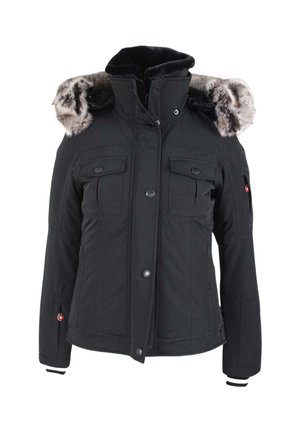 Black winter jacket with a fur-lined hood, front button and zipper closure, and flap pockets on the chest.