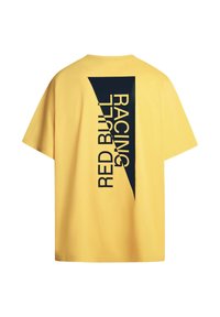 Gul bomulds T-shirt med et stort marineblåt grafisk tryk med teksten "RED BULL RACING", skrå designdetalje på ryggen. Korte ærmer, afslappet pasform.
