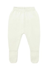 Pantalones de punto blancos para bebé con pies, con una pretina elástica y puños acanalados en cada pie.