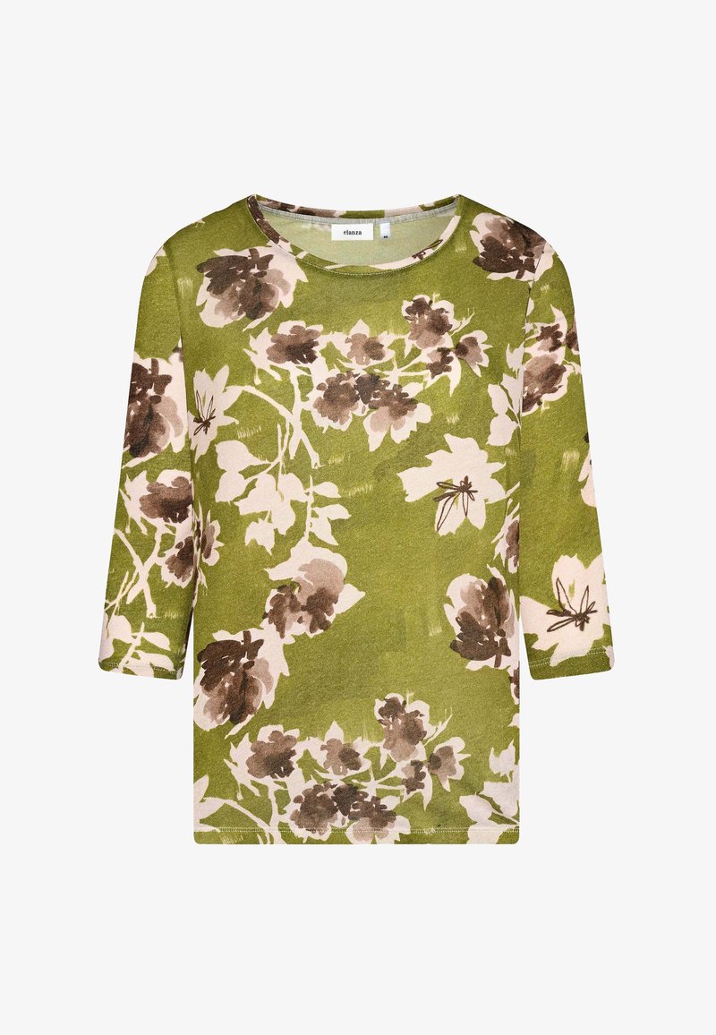 Grüne Bluse mit Blumenmuster und dreiviertel Ärmeln, mit braunen und pinken Blumenmustern auf einem strukturierten Stoff. Rundhalsausschnitt und lässige Passform.