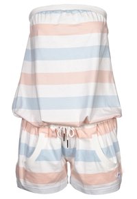 Randig strapless jumpsuit i pastellrosa och blått. Tillverkad av mjukt tyg, har elastisk midja och framfickor.