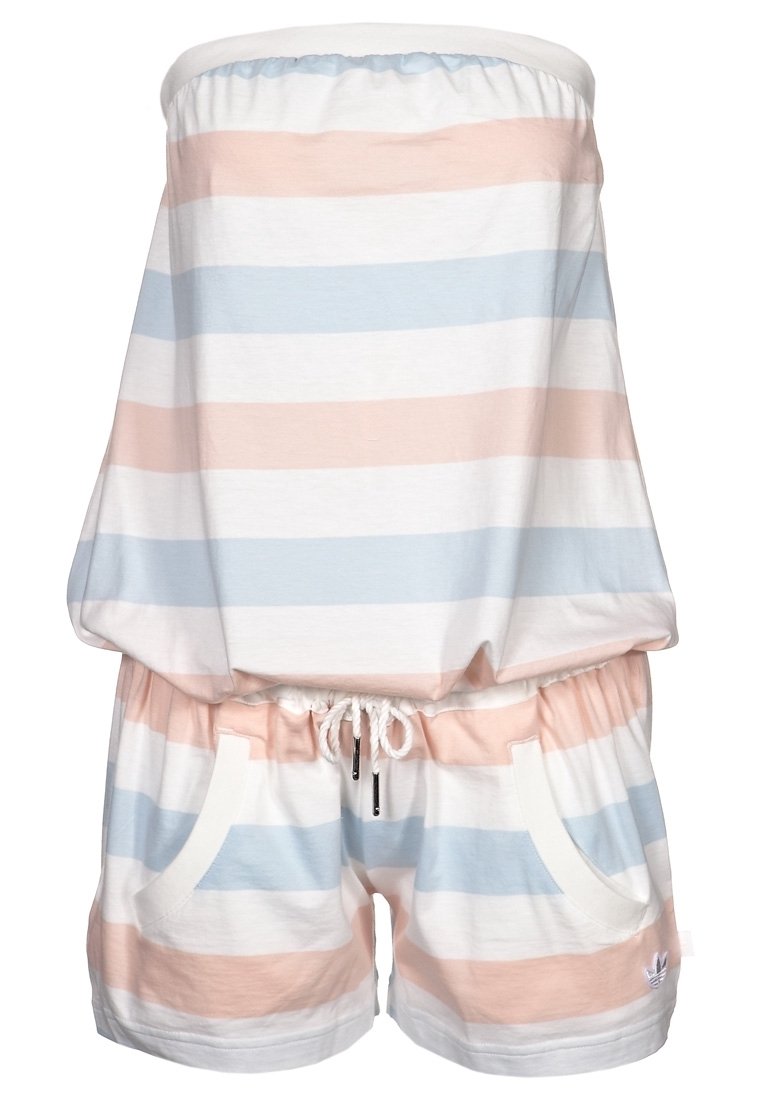 Randig strapless jumpsuit i pastellrosa och blått. Tillverkad av mjukt tyg, har elastisk midja och framfickor.