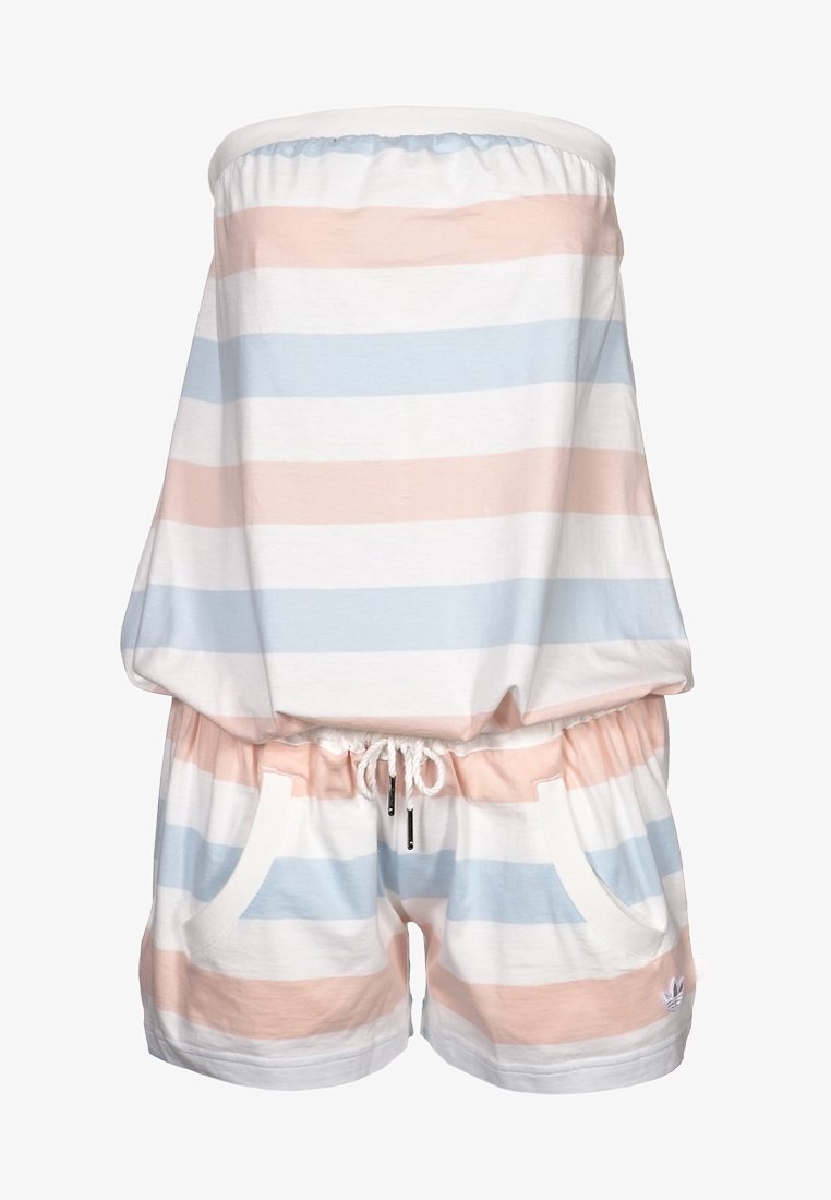 Striped strapless jumpsuit in pastel pink and blue. Made of soft fabric, features an elastic waistband and front pockets.