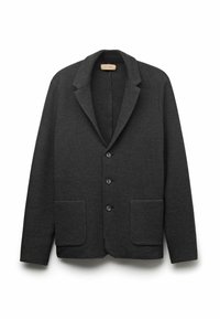 Charcoal-grauer Blazer aus strukturiertem Stoff. Verfügt über einen Reverskragen, drei Knöpfe und zwei Fronttaschen. Schlichtes, tailliertes Design.