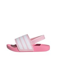 Rosa slide-sandal med en bred rem som har tre vita ränder, texturerad innersula och en flexibel sula för komfort. Utformad för avslappnad användning.