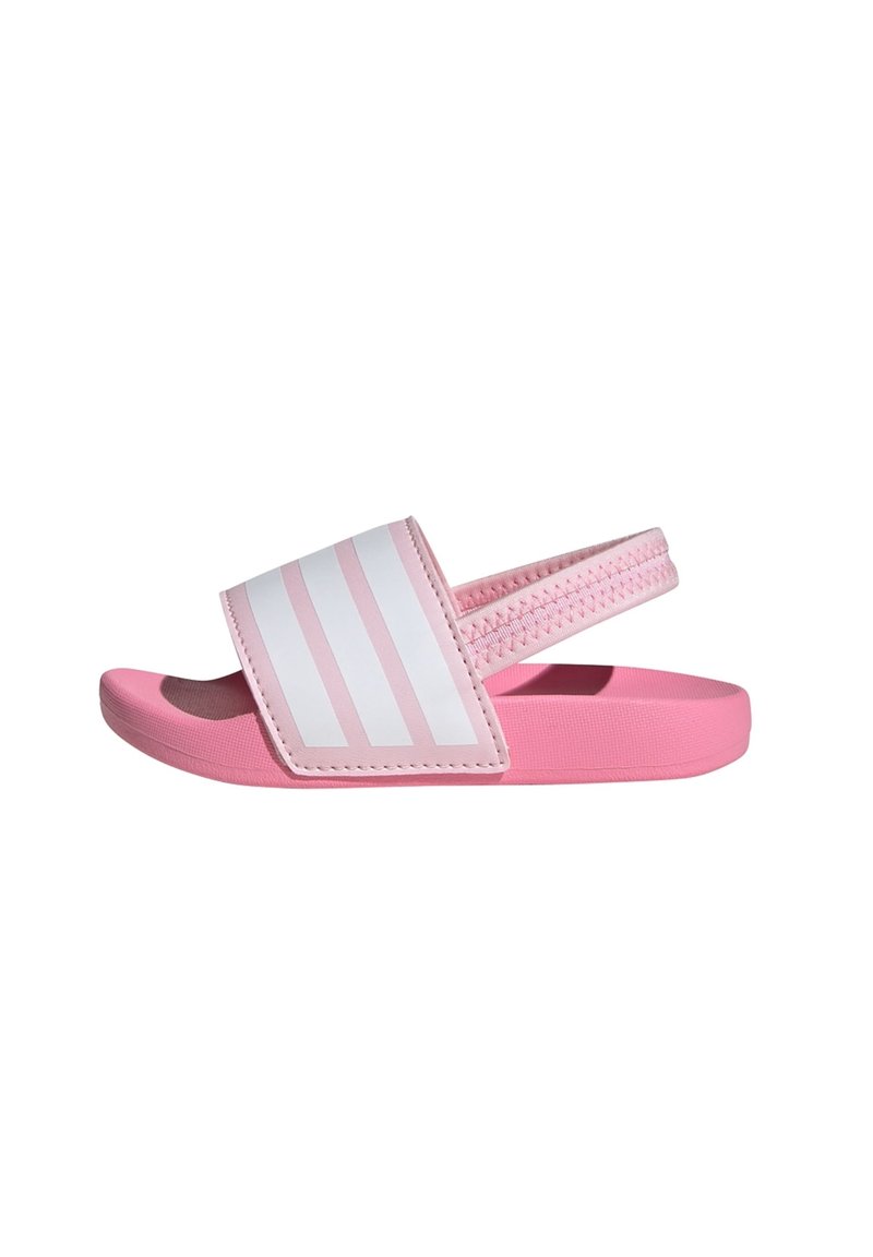 Rosa slide-sandal med en bred rem som har tre vita ränder, texturerad innersula och en flexibel sula för komfort. Utformad för avslappnad användning.