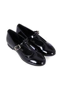 Scarpe Mary Jane in vernice nera con punta arrotondata, una striscia singola con fibbia dorata e tacco basso a blocco.