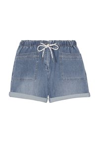 Shorts in denim con una tonalità azzurro chiaro, vita elastica e cordino bianco. Presentano due tasche frontali e orlo arrotolato per un look casual.