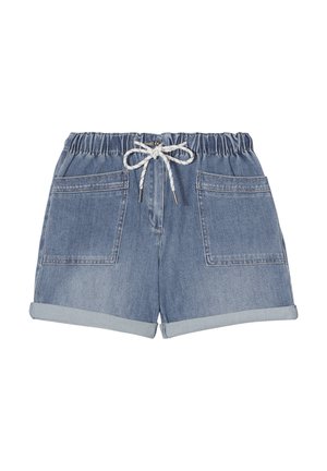 Shorts en denim de couleur bleu clair, avec une taille élastique et un cordon de serrage blanc. Comprend deux poches avant et un ourlet roulé pour un look décontracté.