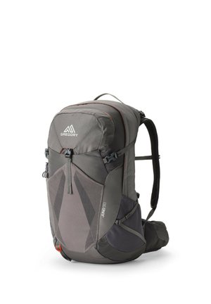 Grauer Grey Gregory Juno 30 Wanderrucksack mit mehreren Fächern, gepolsterten Gurten und Hüftgurt, stehend auf weißem Hintergrund dargestellt.