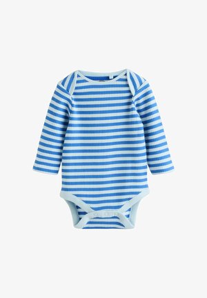 Mėlynos ir baltos dryžuotos ilgomis rankovėmis bodysuit'as iš įlinkto audinio, su mygtukų uždarymu apačioje ir šviesiai mėlynu apvadu aplink kaklą.