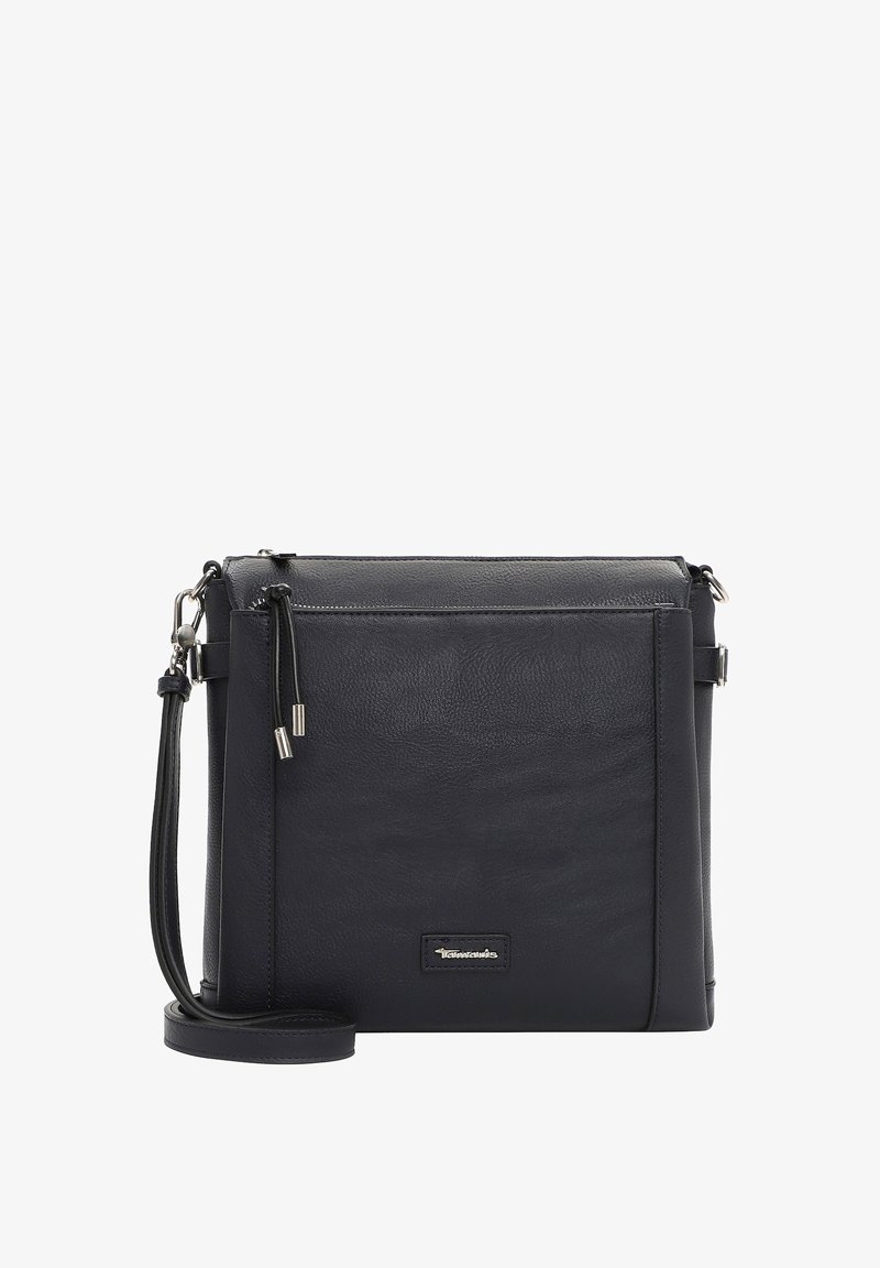 Borsa a tracolla in pelle blu scuro con finitura testurizzata, hardware argentato, chiusura con zip, tracolla regolabile e placca con logo sul fronte.