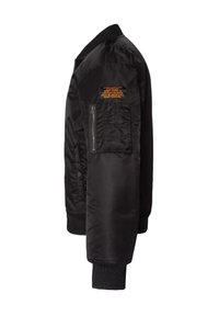 Giacca bomber nera con tasca con zip e testo arancione sulla spalla, dotata di polsini e colletto a costine, realizzata in nylon liscio.