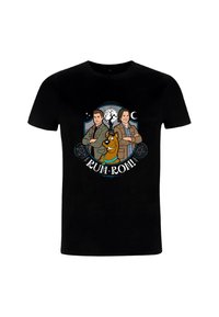 Černé bavlněné tričko s ústředním motivem dvou postav a psa s nápisem "Ruh-Roh!" a dekorativními prvky v modré a bílé barvě.