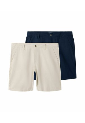 Pánske neformálne chino šortky v béžovej a tmavomodrej farbe, s pútkami na opasok, prednými vreckami a zapínaním na gombíky.
