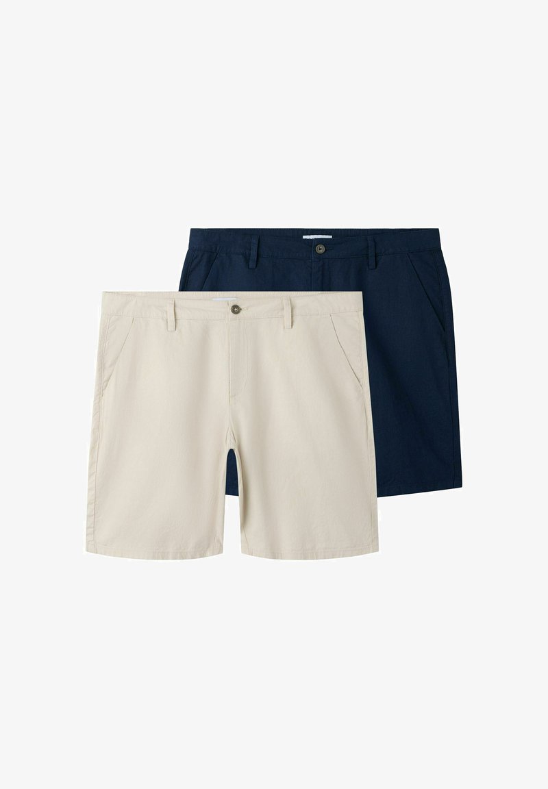 Shorts chinos décontractés pour hommes en beige et bleu marine, avec passants pour ceinture, poches avant et fermetures à boutons.
