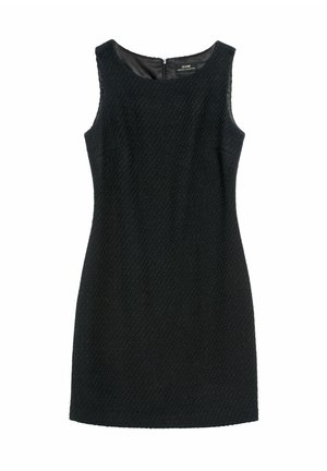 Czarna sukienka bez rękawów z teksturowanej tkaniny, dopasowany krój, okrągły dekolt i zamek z tyłu. Gładkie podszewki i subtelne detale wzoru.