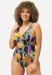 Yhdistelee suuria oransseja ja vihreitä kukkakuoseja sisältävä monivärinen yksiosainen uimapuku, musta tausta violetilla raidalla ja V-kaula-aukko.