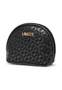 Borsa cosmetica nera con forma arrotondata, caratterizzata da una superficie lucida e decorata con motivo e un logo dorato sulla parte frontale. Chiusura superiore con cerniera.