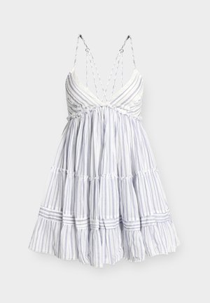 White sundress with thin blue vertical stripes, tiered skirt, lace trim on bust, and crisscross spaghetti straps on a light background.