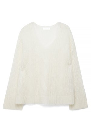 Valge kootud kampsun pikkade varrukatega ja V-kaelusega, millel on tekstuuriline palmikumuster ja soonikserv.