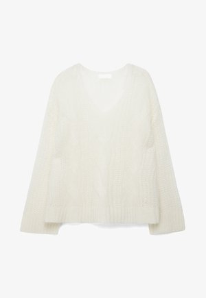 Valge kootud kampsun pikkade varrukatega ja V-kaelusega, millel on tekstuuriline palmikumuster ja soonikserv.