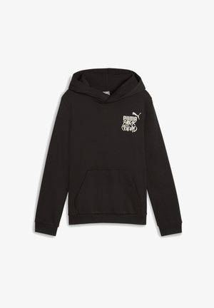 Sweat-shirt à capuche noir en tissu doux, avec une poche kangourou et un texte graphique blanc avec logo sur le côté gauche de la poitrine.