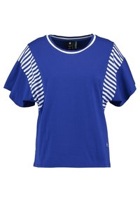 Blue t-shirt with short sleeves, featuring striped fabric on the sides. Made of soft cotton, with a round neckline and relaxed fit.
