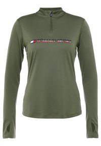 Langärmliges sportliches Oberteil in Olivgrün, mit Reißverschlusskragen und "TOMMY SPORT"-Logo auf der Brust. Glattes Material mit Daumenlöchern.