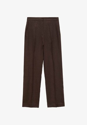 Brown linen trousers with a straight-leg design, featuring a flat front, side pockets, and a smooth texture.