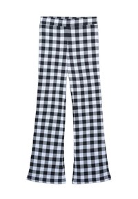 Pantaloni a zampa d'elefante in bianco e nero con un motivo a quadretti, realizzati in tessuto morbido, dotati di vita aderente e orli svasati.