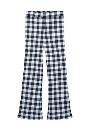 Pantaloni a zampa d'elefante in bianco e nero con un motivo a quadretti, realizzati in tessuto morbido, dotati di vita aderente e orli svasati.