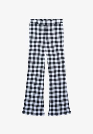 Czarno-białe spódnice dzwony w kratkę, wykonane z miękkiego materiału, z dopasowanym stanem i szerokimi nogawkami.