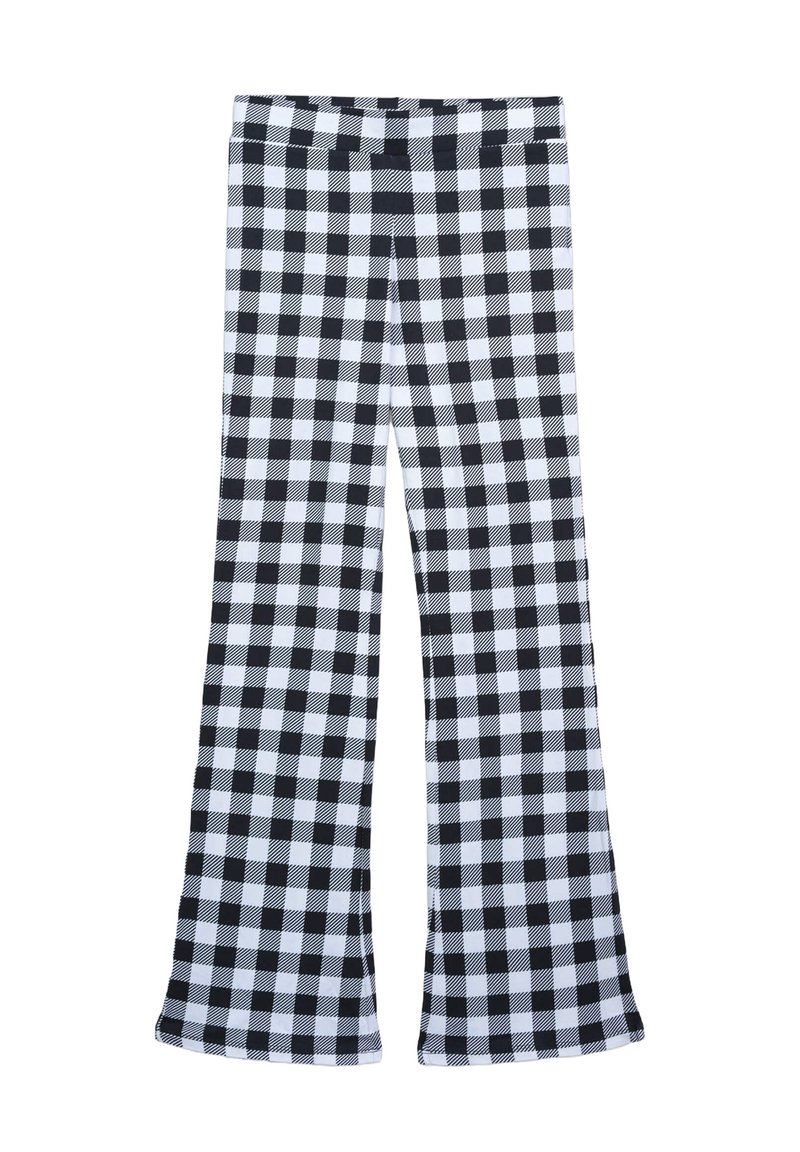 Pantaloni a zampa d'elefante in bianco e nero con un motivo a quadretti, realizzati in tessuto morbido, dotati di vita aderente e orli svasati.