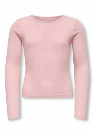 Pink long-sleeve fitted shirt with subtle vertical textured pattern and round neckline.