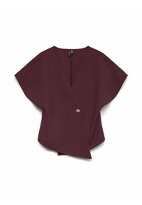 Burgundijas krāsas piedurkņu tops, izgatavots no gludas auduma, ar platām piedurknēm, dziļu V veida kaklu un zelta pogu akcentu aizdarei.