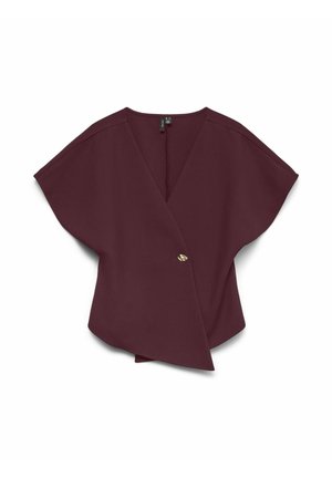 Burgundské překládané tričko vyrobené z hladké tkaniny, s širokými rukávy, hlubokým výstřihem do V a zlatým knoflíkem jako doplňkem pro zapínání.