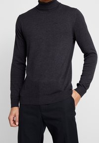 Dunkelgrauer Rollkragenpullover aus Strickstoff, mit langen Ärmeln und geripptem Saum, ausgestattet mit einem dezenten Logo auf der Brust.