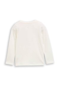 Schlichtes weißes Langarmshirt flach von hinten dargestellt, mit rundem Halsausschnitt und einfacher Saumkante.