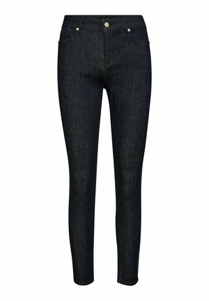 Temno modri skinny kavbojke z visokim pasom, z sprednjim žepom, zadnjimi žepi in zlatimi kovinskimi gumbnimi detajli.