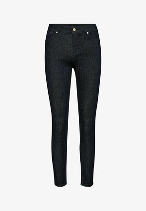 Jean skinny en denim foncé avec une taille haute, comprenant une poche avant, des poches arrière et des accents de boutons en métal doré.