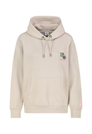 Beige Kapuzensweatshirt mit Fronttasche, Kordelzug und kleinem Motiv eines Matcha-Getränks sowie dem Text "Matcha Love" auf der linken Brust.