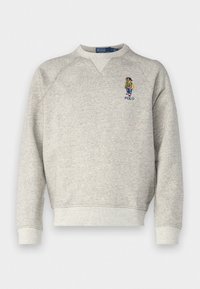 Gray sweatshirt with a v-neck, raglan sleeves, and ribbed cuffs. Features embroidered logo of a character and "POLO" text.