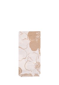 Sciarpa leggera bianca con motivi floreali beige, caratterizzata da una finitura testurizzata e dettagli a bordo grezzo.