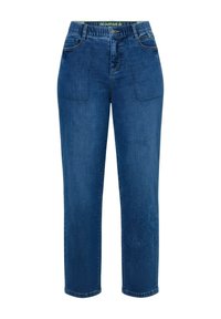 Jeans de mezclilla azul de cintura alta con bolsillos delanteros de parche, trabillas para cinturón, cierre de cremallera y botón, corte recto en la pierna.