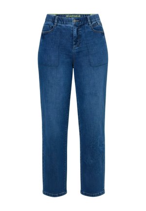 Jeans di denim blu a vita alta con tasche applicate frontali, passanti per cintura, chiusura con cerniera e bottone, vestibilità a gamba dritta.