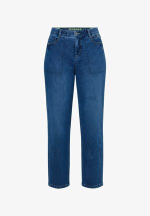 Blaue, hoch taillierte Jeans aus Denim mit aufgesetzten Taschen vorne, Gürtelschlaufen, Reißverschluss und Knopfverschluss, gerader Beinverlauf.