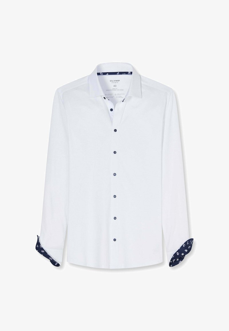 Camicia da uomo bianca con bottoni scuri e collo interno e polsini a fiori blu navy, taglia 40, vestibilità slim.