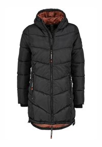 Schwarze Pufferjacke mit Kapuze, ausgestattet mit einem Reißverschluss vorne, Chevron-Nähten, elastischen Bündchen und einem kontrastierenden orangefarbenen Innenfutter.