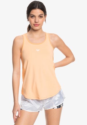 Peach-colored tank top, lightweight fabric, round neckline, and thin straps, featuring a small white logo on the center front.